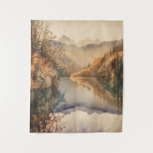Luxus-Aquarell Herbst Bergsee Wandteppich (Vorderseite)