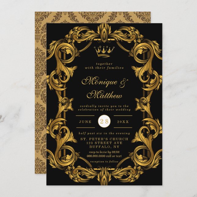 Luxus Art Nouveau Black Gold Royal Wedding Invita Einladung (Vorne/Hinten)