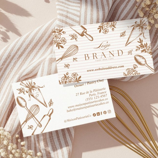 Luxus-Backutensilien-Backwarengeschaft-Logo Visitenkarte (Stripe Baking Utensil Pastry Cake Bakery Shop Logo Business Card)
