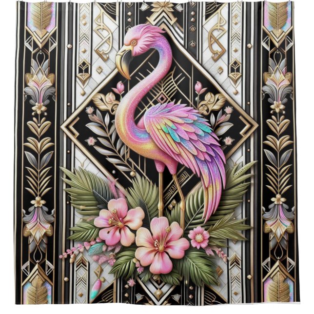 Luxus-Badezimmer | Art Deco Flamingo Duschvorhang (Vorderseite)