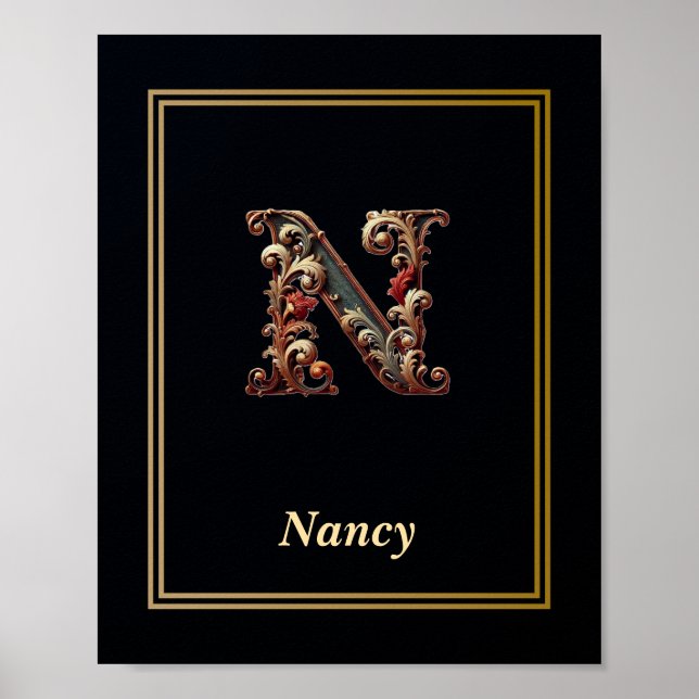 Luxus-Barock-Buchstabe N-Monogramm-Plakat  Poster (Vorne)