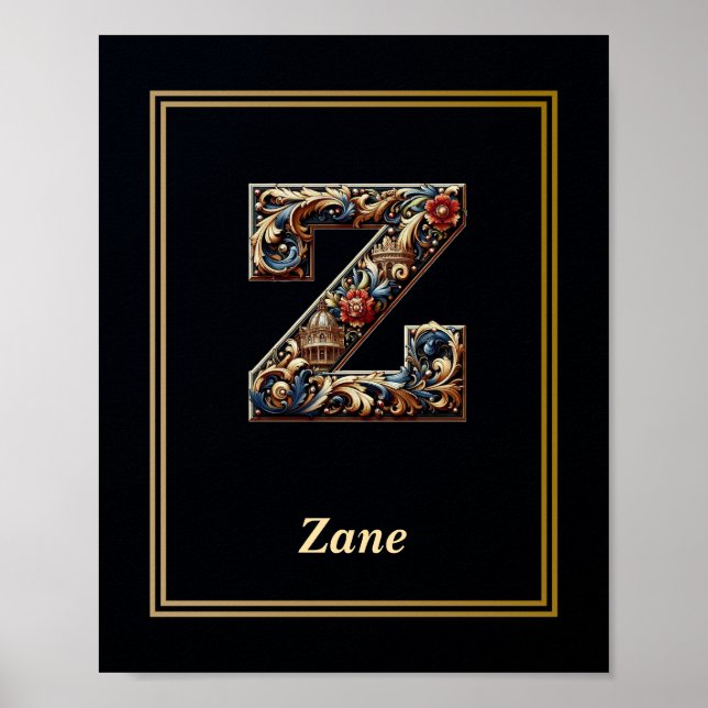 Luxus-Barock-Poster mit Monogramm Buchstabe Z Poster (Vorne)