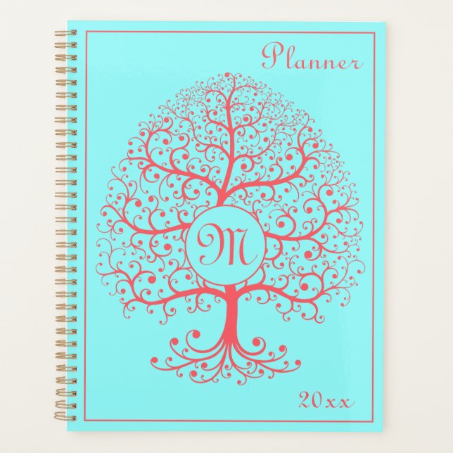 Luxus-Baum-des-Lebens-Monogramm Retro-Rosa-Pastell Planer (Vorderseite)