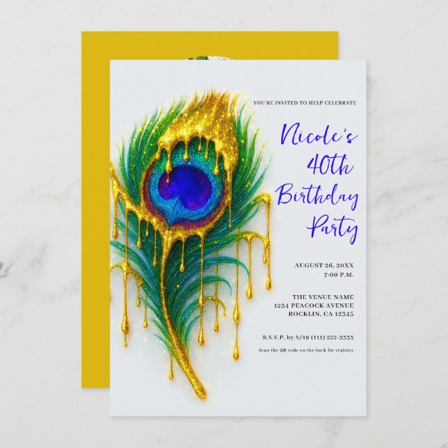 Luxus Beauty Gold Tropfen Peacock Feather Birthday Einladung (Vorne/Hinten)
