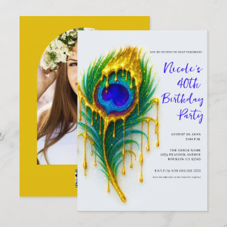 Luxus Beauty Gold Tropfen Peacock Feather Birthday Einladung