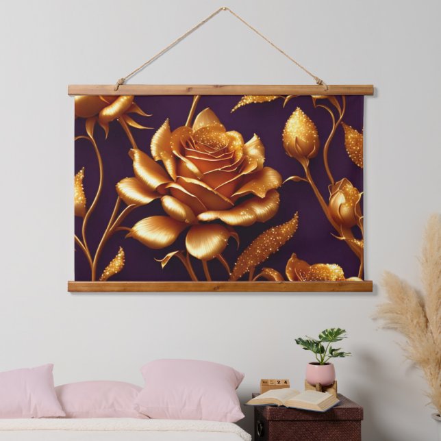 Luxus Big Gold Rose Moderne Kollektion Wandteppich Mit Holzrahmen (Schlafzimmer)