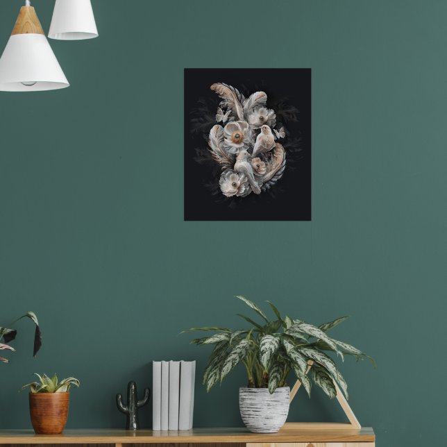 Luxus Bird, Blume und Feathers Dark Print 1 Poster (Wohnzimmer 1)