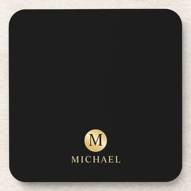 Luxus Black and Gold Personalisiert Monogram Getränkeuntersetzer (Vorderseite)