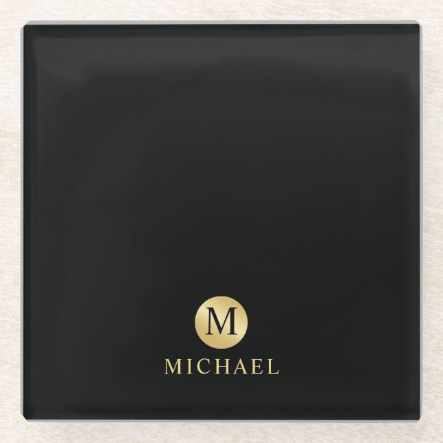 Luxus Black and Gold Personalisiert Monogram Glasuntersetzer (Vorderseite)