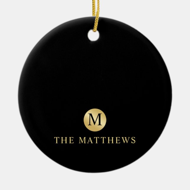 Luxus Black and Gold Personalisiert Monogram Keramik Ornament (Vorne)