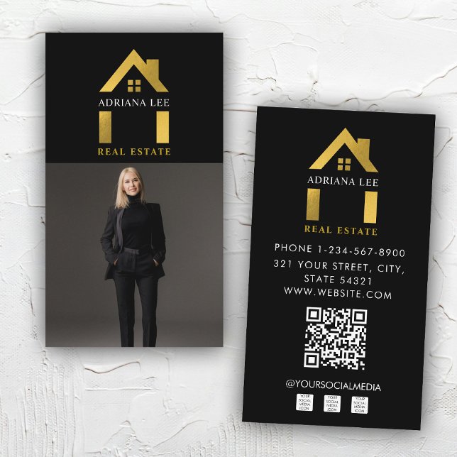 Luxus Black Gold Foto Real Anwesen Agent QR Code Visitenkarte (Luxury Black Gold Photo Real Estate Agent QR Code Business Card)