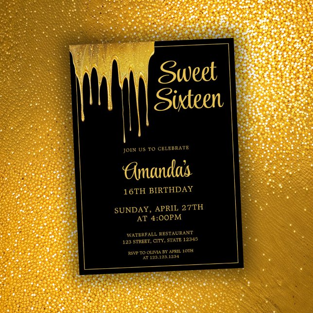 Luxus Black & Gold Glitzer Tropfen Sweet 16 Geburt Einladung (Von Creator hochgeladen)
