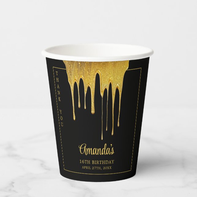 Luxus Black & Gold Glitzer Tropfen Sweet 16 Geburt Pappbecher (Vorderseite)