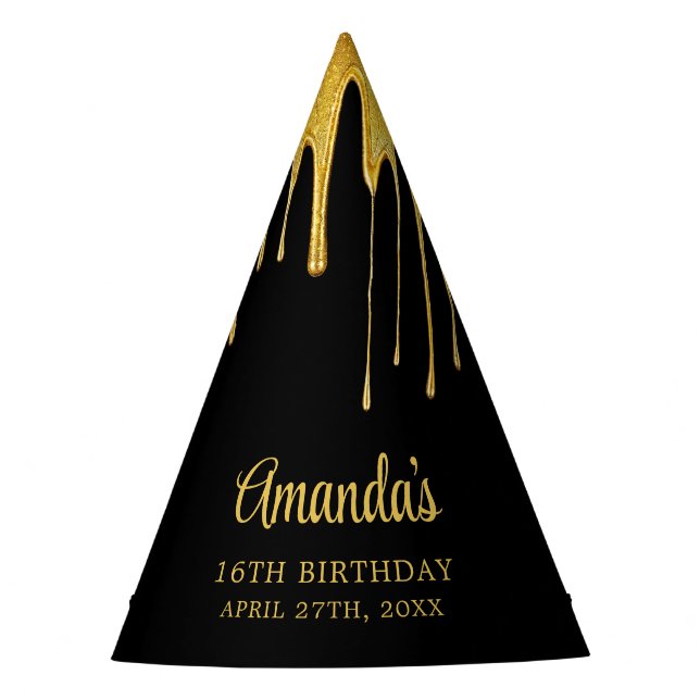 Luxus Black & Gold Glitzer Tropfen Sweet 16 Geburt Partyhütchen (Vorderseite)