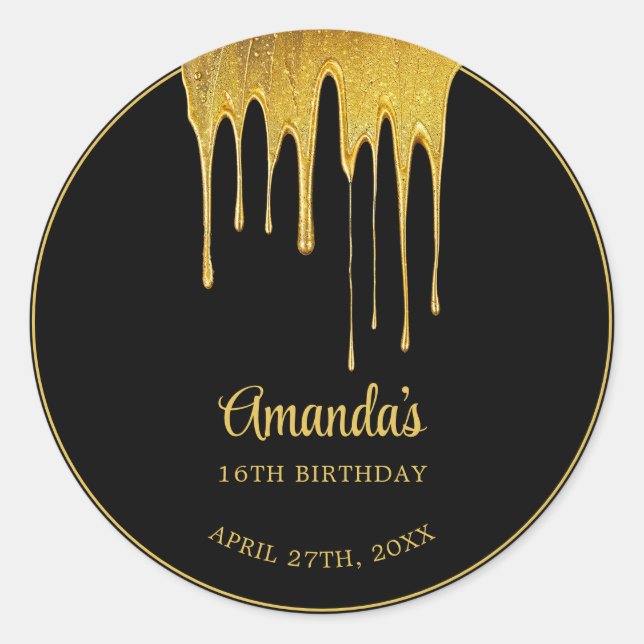 Luxus Black & Gold Glitzer Tropfen Sweet 16 Geburt Runder Aufkleber (Vorderseite)