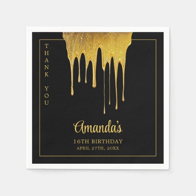 Luxus Black & Gold Glitzer Tropfen Sweet 16 Geburt Serviette (Vorderseite)