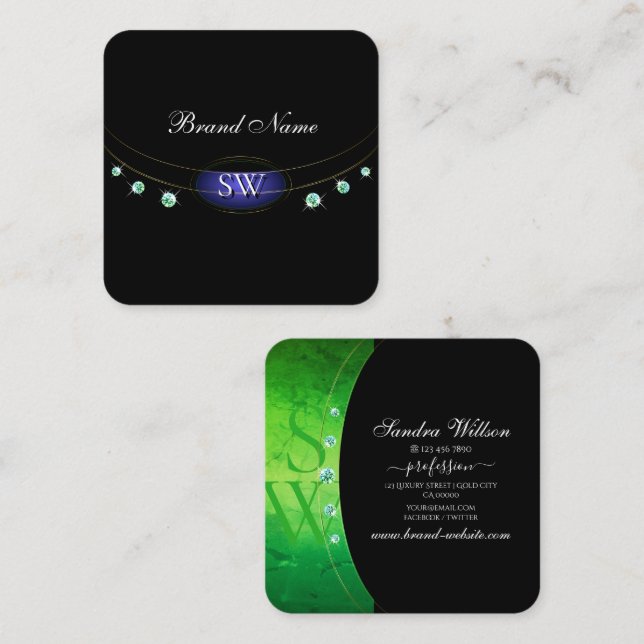 Luxus Black Gold Green Marble Kristall Monogram Quadratische Visitenkarte (Vorne/Hinten)
