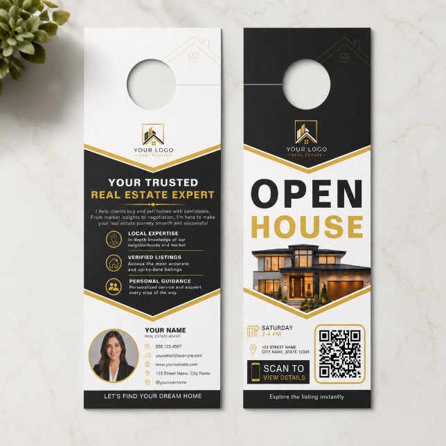 Luxus Black Gold Open House QR Türanhänger (Luxury Open House Door Hanger with QR Code | Realtor Marketing Design)
