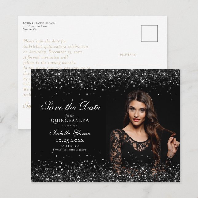 Luxus Black Gold Quinceañera Save the Date Postkarte (Vorne/Hinten)
