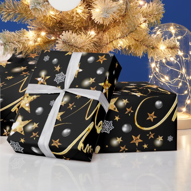Luxus Black & Gold Stars Metallic Fashion Xmas Geschenkpapier (Feiertage)