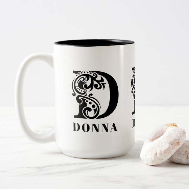 Luxus Black Monogram Letter D Individuelle Name Zweifarbige Tasse (Mit Donut)