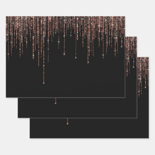 Luxus Black Rose Gold Funkelnd Glitzer Fringe Geschenkpapier Set