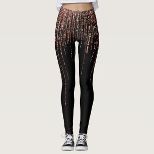 Luxus Black Rose Gold Funkelnd Glitzer Fringe Leggings