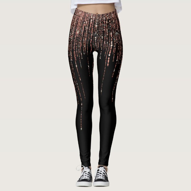 Luxus Black Rose Gold Funkelnd Glitzer Fringe Leggings (Vorderseite)