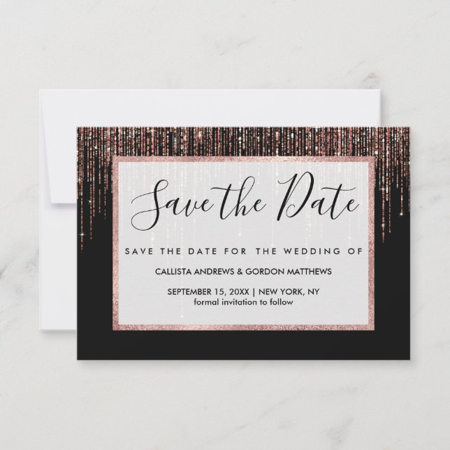 Luxus Black Rose Gold Funkelnd Glitzer Fringe Save The Date (Vorderseite)