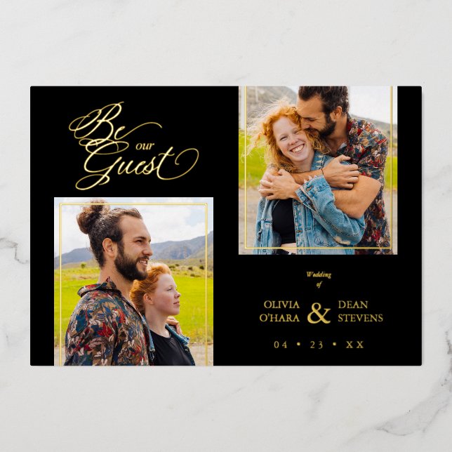 Luxus Black Trendy 2 Fotos Golden Folieneinladung (Vorderseite)