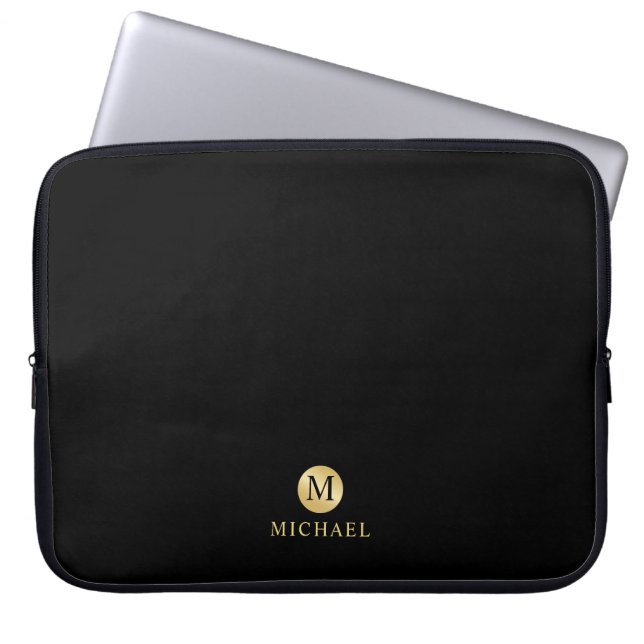 Luxus Black und Gold Personalisiert Monogramm Laptopschutzhülle (Vorderseite)