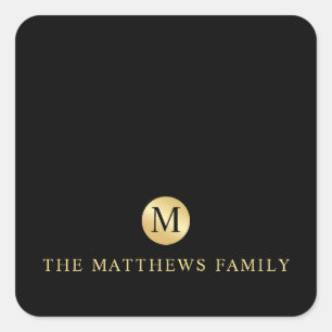 Luxus Black und Gold Personalisiert Monogramm Quadratischer Aufkleber