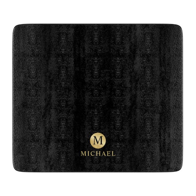 Luxus Black und Gold Personalisiert Monogramm Schneidebrett (Vorderseite)