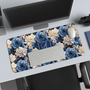 Luxus Blau Elfenbein Blumen Personalisierte Schrei Schreibtischunterlage