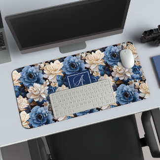 Luxus Blau Elfenbein Blumen Personalisierte Schrei Schreibtischunterlage