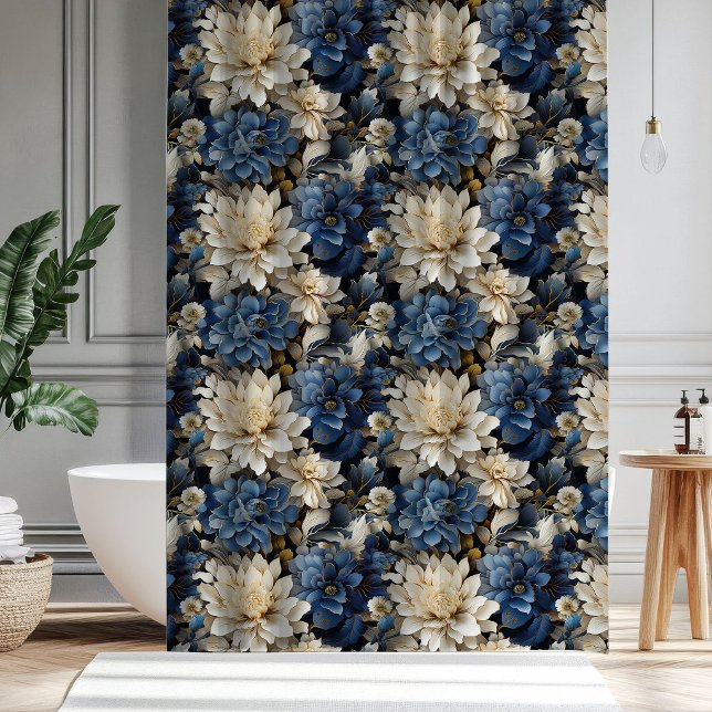 Luxus Blaub Weiß Elfenbein Blumen Duschvorhang (Luxury Blue White Ivory Floral Decor Shower Curtain)
