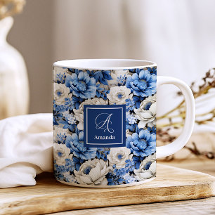 Luxus Blaue Elfenbein Blumen Personalisierter Kaff Kaffeetasse