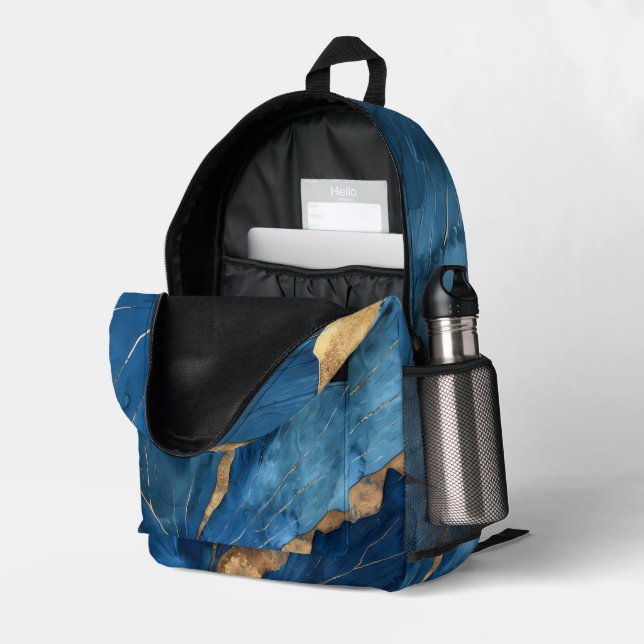 Luxus Blue & Gold Abstrakt Leaf Rucksack (Rückseitige Ecke links (Offen) )