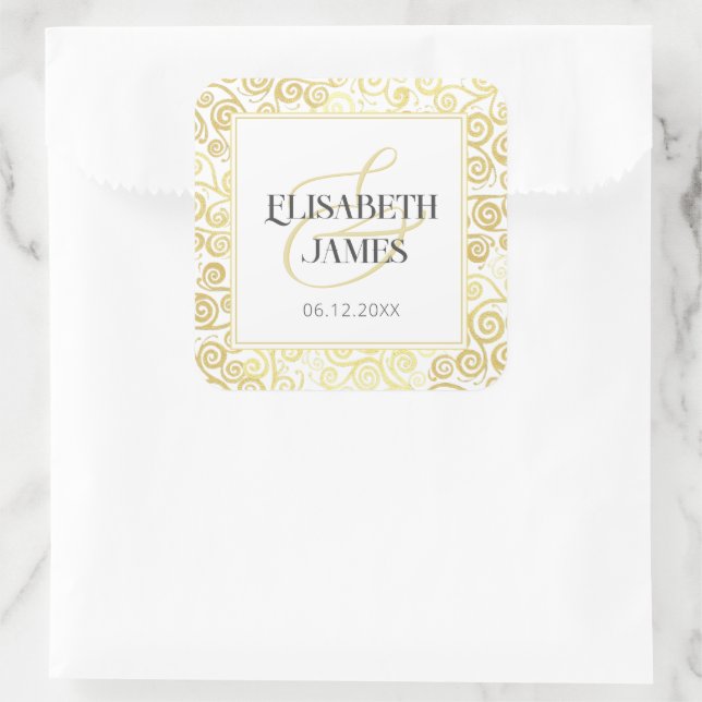 Luxus Blüh Chic Winter White and Gold Hochzeit Quadratischer Aufkleber (Tasche)