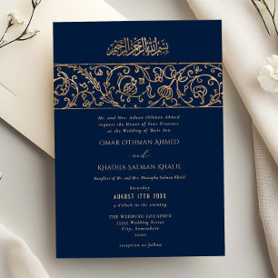 Luxus-Blumen-Gold-Navyblau-Islamische Hochzeit Einladung