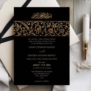 Luxus-Blumen-Gold-Schwarze islamische Hochzeit Einladung