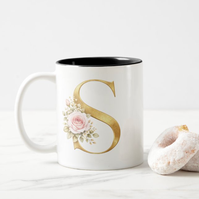 Luxus-Blumen-Initiale S Monogramm Zweifarbige Tasse (Mit Donut)