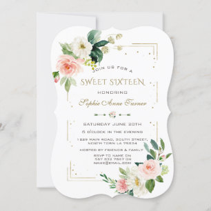 Luxus Blush White Blume Gold Glitzer Sweet 16 Einladung