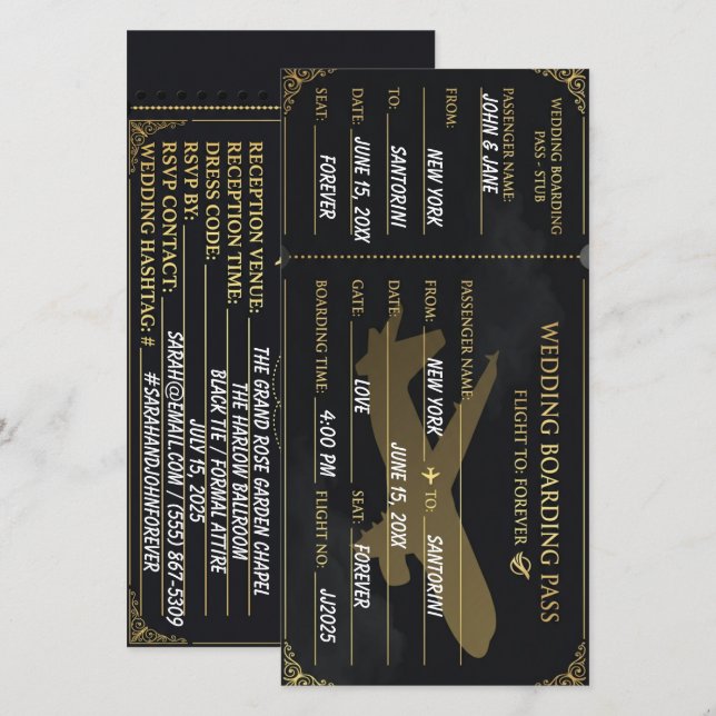 Luxus-Boarding-Pass im Design Schwarz & Gold als S Save The Date (Vorne/Hinten)