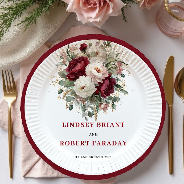 Luxus Boho Burgund Floral Gold Teller (Luxury Boho Burgundy Floral Gold Plates)