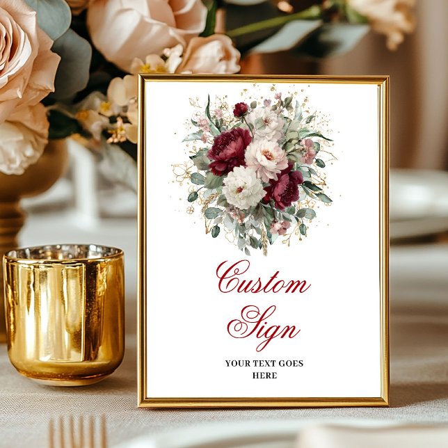 Luxus-Boho-Burgunder-Blumen-Goldschild Poster (Luxury Boho Burgundy Floral Gold Custom Sign)
