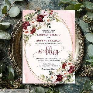 Luxus Boho Burgunder-Rosa Gold Blumen-Einladung Einladung