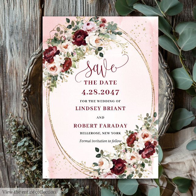 Luxus Boho Marone Blush Gold Rosen Termin merken Einladung (Luxury Boho Maroon Blush Gold Roses Save Date)