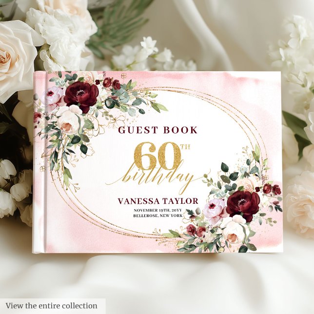 Luxus Boho Marsala Gold Blumen 60. Geburtstag Gästebuch (Luxury Boho Marsala Gold Floral 60th Birthday)