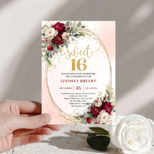 Luxus Boho Tiefrot Gold Blumen Sweet Sixteen Einladung
